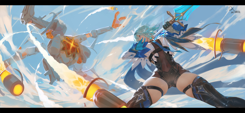 1girl battle blue_hair blue_neckwear blue_sky bodystocking breasts center_opening clouds cloudy_sky covered_navel eula_lawrence fighting_stance genshin_impact hairband highres holding holding_sword holding_weapon leotard missile ribao robot skindentation sky solo_focus standing sword thick_thighs thigh-highs thigh_strap thighs vambraces weapon