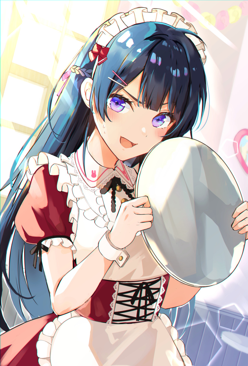 1girl :d absurdres ahoge apron bangs black_hair blush commentary_request corset frilled_apron frills goroo_(eneosu) hands_up highres holding holding_tray long_hair looking_at_viewer maid maid_apron maid_headdress nijisanji open_mouth red_eyes short_sleeves smile solo tray tsukino_mito very_long_hair violet_eyes virtual_youtuber white_apron window wrist_cuffs