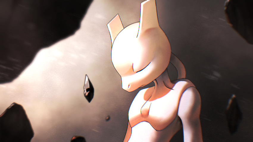 absurdres blurry closed_eyes closed_mouth commentary gen_1_pokemon head_down higa-tsubasa highres legendary_pokemon mewtwo pokemon pokemon_(creature) rock solo upper_body