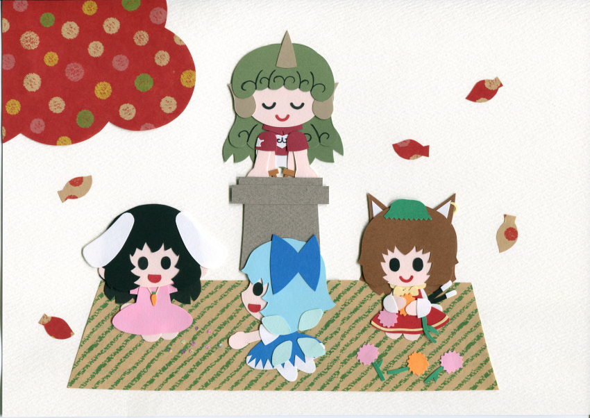 4girls :d absurdres animal_ears black_hair blue_dress blue_hair bow bowtie carrot_necklace cat_ears cat_tail chen cirno closed_eyes curly_hair dress falling_leaves floppy_ears flower geta green_hair hair_bow hat highres horns ice ice_wings inaba_tewi jewelry komano_aunn leaf long_hair mob_cap multiple_girls multiple_tails nekomata open_mouth orange_flower outdoors pink_dress pink_flower poru_(tohopunk) profile rabbit_ears red_dress red_shirt seiza shirt short_hair simple_background single_earring sitting smile tail touhou two_tails white_background wings yellow_neckwear