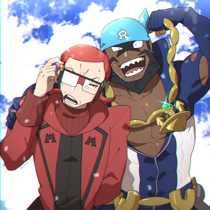 Safebooru 2boys Abs Adjusting Eyewear Anchor Necklace Archie Pokemon Batabiru Blue Bandana Clouds Commentary Request Covered Abs Dark Skinned Male Dark Skin Glasses Hand Up Highres Holding Long Sleeves Looking At Viewer