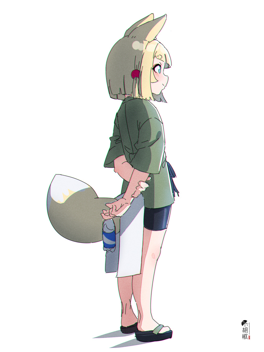 1girl animal_ears arms_behind_back bangs bare_legs barefoot barefoot_sandals bike_shorts black_shorts blonde_hair blunt_bangs bottle chromatic_aberration closed_mouth eyebrows_visible_through_hair fox_ears fox_girl fox_tail from_side full_body hand_on_own_arm highres holding holding_bottle kuro_kosyou original profile sandals short_eyebrows short_hair short_sleeves shorts simple_background solo standing straight_hair tail white_background wide_sleeves