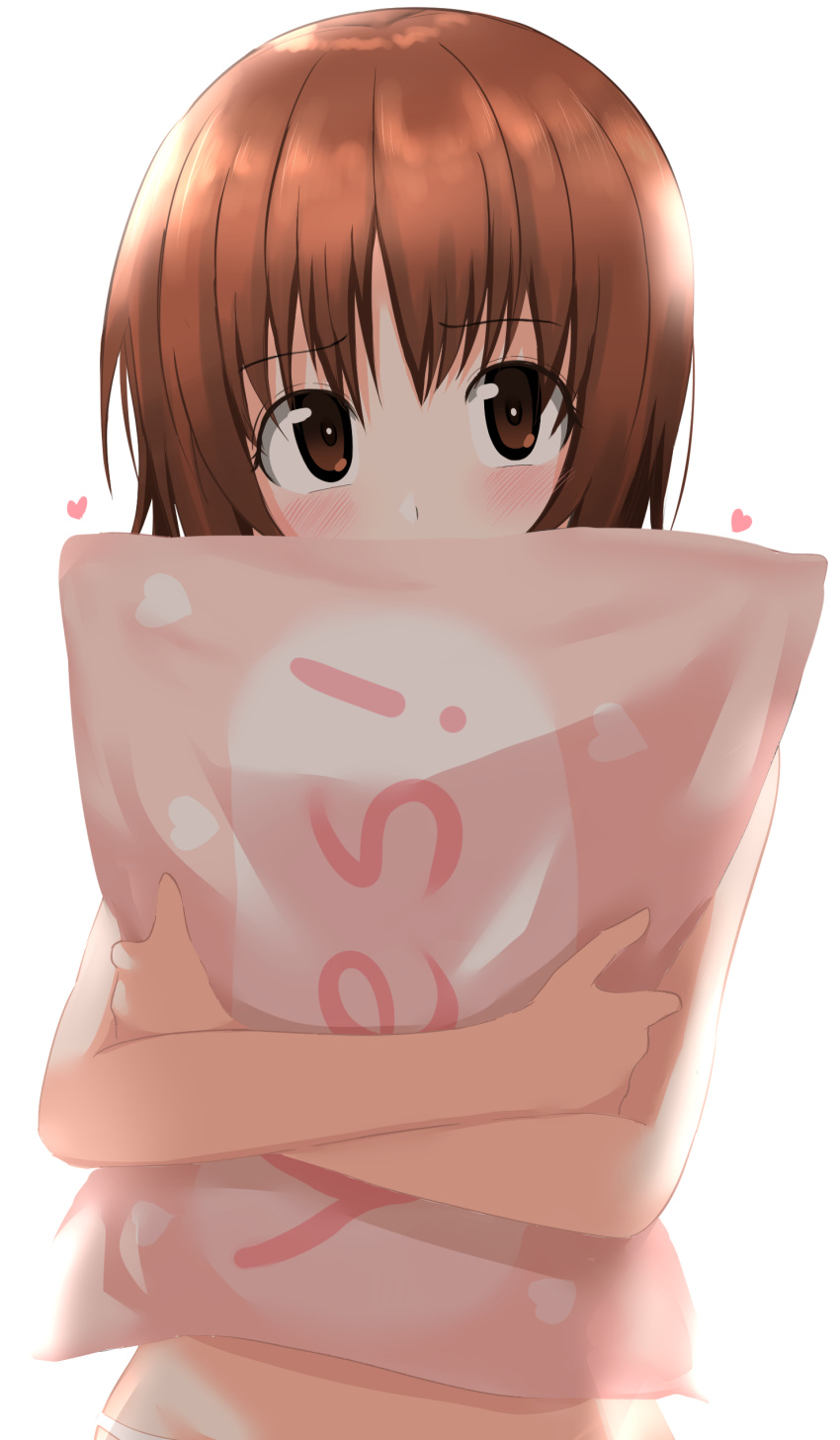 1girl absurdres aikir_(jml5160) bangs blush brown_eyes brown_hair commentary covering_mouth english_text eyebrows_visible_through_hair girls_und_panzer heart highres holding holding_pillow looking_at_viewer nishizumi_miho panties pillow short_hair simple_background solo underwear upper_body white_background white_panties yes-no_pillow