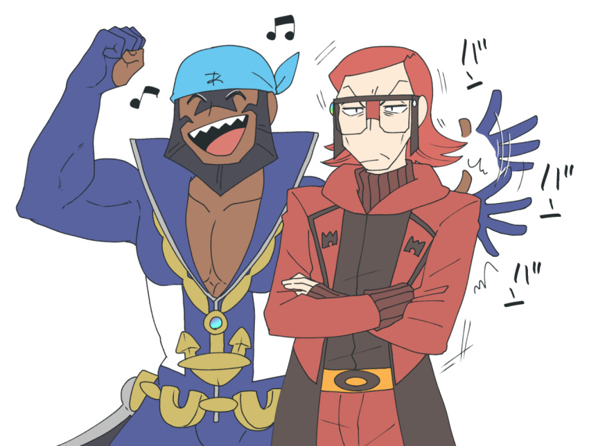 2boys anchor_necklace archie_(pokemon) arm_up batabiru belt blue_bandana clenched_hand closed_mouth commentary_request crossed_arms dark-skinned_male dark_skin glasses long_sleeves male_focus maxie_(pokemon) medium_hair multiple_boys musical_note open_clothes open_mouth orange_belt pectorals pokemon pokemon_(game) pokemon_oras redhead ribbed_sweater sharp_teeth smile sweater team_aqua team_magma teeth tongue unamused |d