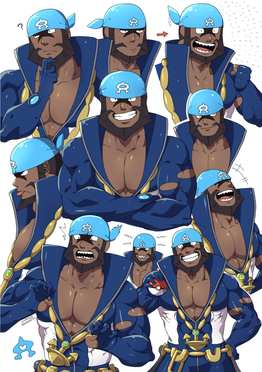 1boy ? anchor_necklace archie_(pokemon) arrow_(symbol) batabiru beard blue_bandana brown_hair collarbone commentary_request dark-skinned_male dark_skin facial_hair grin hand_on_hip hand_up heart highres holding holding_poke_ball looking_at_viewer male_focus multiple_views muscular muscular_male open_mouth pectorals poke_ball poke_ball_(basic) pokemon pokemon_(game) pokemon_oras sharp_teeth smile team_aqua teeth tongue tongue_out