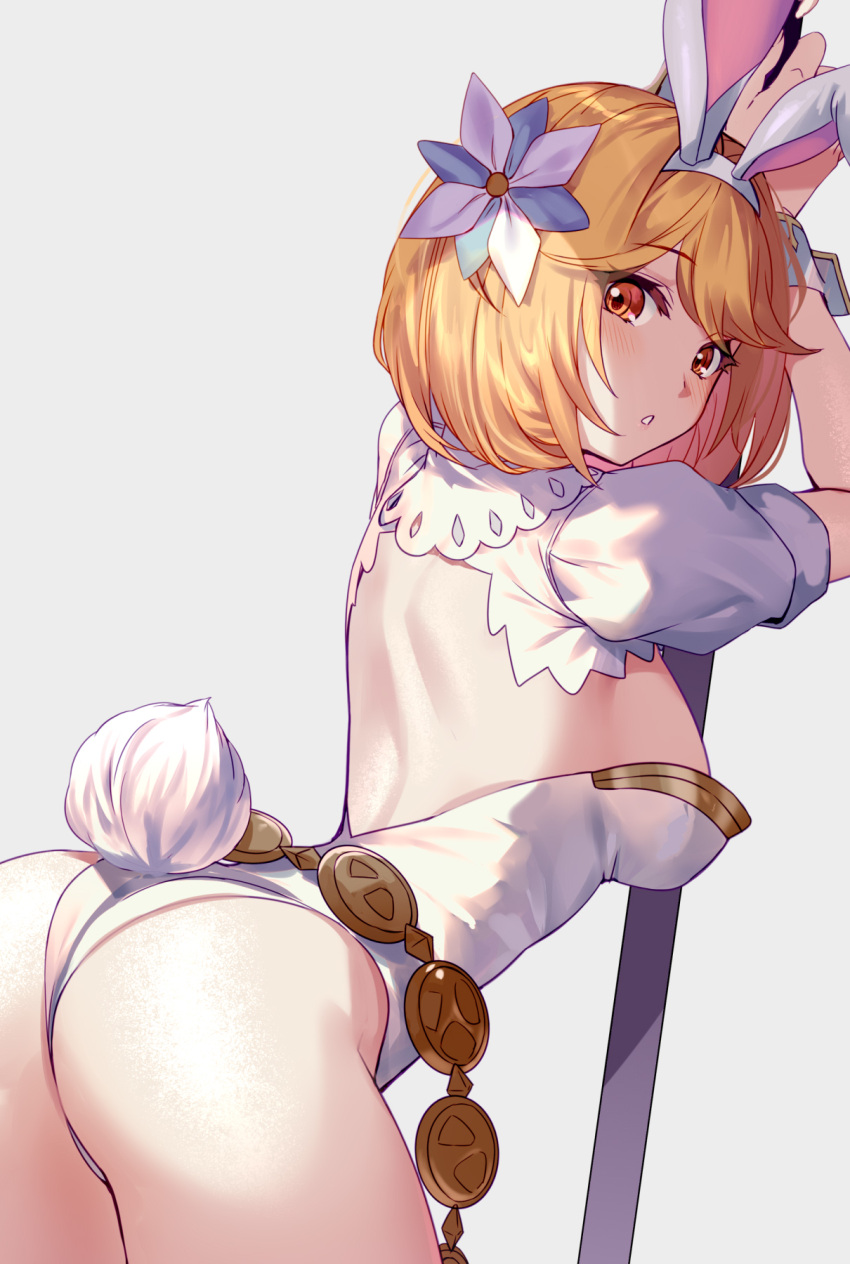 1girl aki663 animal_ears ass back blonde_hair blush breasts brown_eyes bunny_tail djeeta_(granblue_fantasy) fake_animal_ears flower granblue_fantasy hair_flower hair_ornament hairband highres leotard looking_at_viewer looking_back medium_breasts rabbit_ears sage_(granblue_fantasy) short_hair simple_background solo tail white_leotard wrist_cuffs