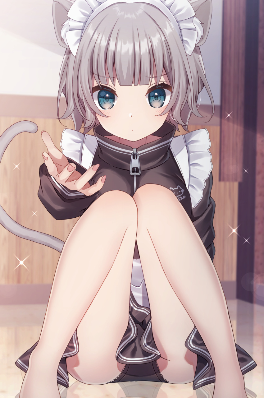 1girl absurdres animal_ear_fluff animal_ears apron bangs black_jacket black_panties black_skirt blue_eyes blurry blurry_background blush cat_ears cat_girl cat_tail closed_mouth commentary_request depth_of_field eyebrows_visible_through_hair feet_out_of_frame grey_hair high_collar highres jacket knees_together_feet_apart knees_up long_sleeves looking_at_viewer maid maid_headdress nail_polish on_floor original panties pink_nails reflection sapphire_(sapphire25252) short_hair sitting skirt solo sparkle tail tail_raised track_jacket underwear white_apron