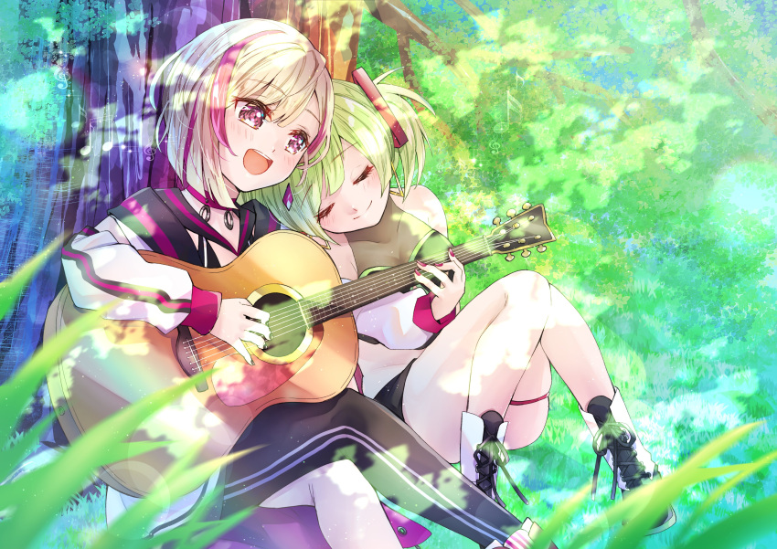 2girls absurdres bangs breasts choker collarbone commission delruki delutaya eyebrows_visible_through_hair green_hair highres instrument jacket kiruno_ruki leaning_on_person leaning_to_the_side mihayuuno multicolored_hair multiple_girls music playing_instrument red_choker redhead second-party_source short_hair silver_hair skeb_commission skindentation sleeping sleeping_on_person small_breasts streaked_hair thigh_strap twintails violet_eyes virtual_youtuber white_jacket