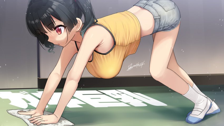 1girl all_fours bangs black_hair breasts camisole eyebrows_visible_through_hair grey_shorts kaedeko_(kaedelic) large_breasts midriff oppai_loli original red_eyes saki_sasaki_(kaedeko) short_hair shorts socks solo twintails white_footwear yellow_camisole