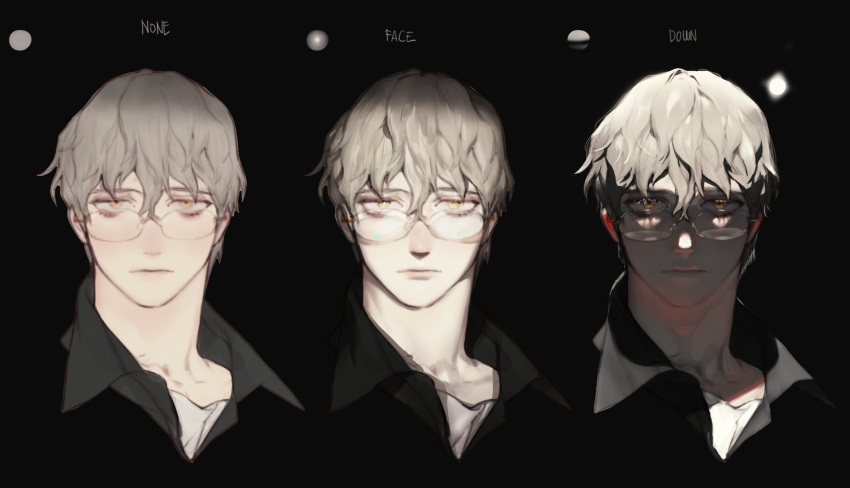 1boy black_background black_shirt closed_mouth collared_shirt dark english_text glasses grey_hair highres looking_at_viewer male_focus multiple_views original pigeon666 portrait shirt simple_background wing_collar yellow_eyes