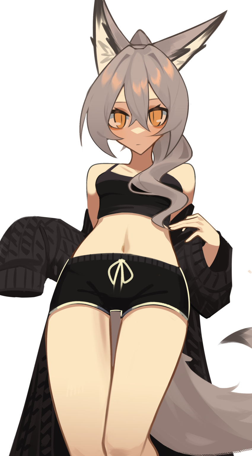1girl absurdres animal_ears bangs black_sweater breasts expressionless fenrir_(ghost_(tama)) ghost_(tama) grey_hair hair_between_eyes highres leaning_back long_hair looking_at_viewer medium_breasts midriff navel off_shoulder open_hand original perspective sleeves_past_fingers sleeves_past_wrists solo sweater tail tank_top white_background wolf_ears wolf_girl wolf_tail yellow_eyes
