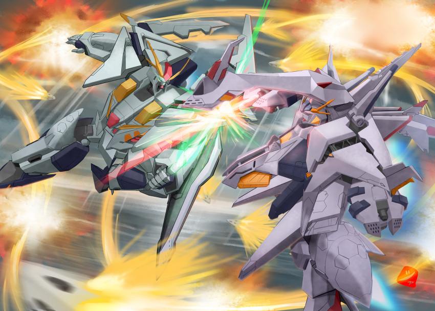 absurdres arm_blade beam_saber energy_blade explosion fighting funnels glowing glowing_eye green_eyes gundam gundam_hathaway's_flash highres holding holding_sword holding_weapon huge_filesize mecha no_humans penelope_(hathaway's_flash) science_fiction shahnmono sword v-fin weapon xi_gundam