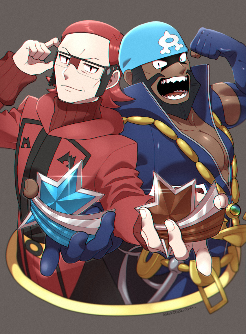 2boys adjusting_eyewear archie_(pokemon) batabiru beard black_hair blue_bandana clenched_hand closed_mouth collarbone commentary_request dark-skinned_male dark_skin facial_hair glasses glint hands_up highres holding looking_at_viewer male_focus maxie_(pokemon) medium_hair multiple_boys open_mouth pokemon pokemon_(game) pokemon_masters_ex pokemon_oras redhead ribbed_sweater sharp_teeth shiny smile sweater team_aqua team_magma teeth tongue wetsuit