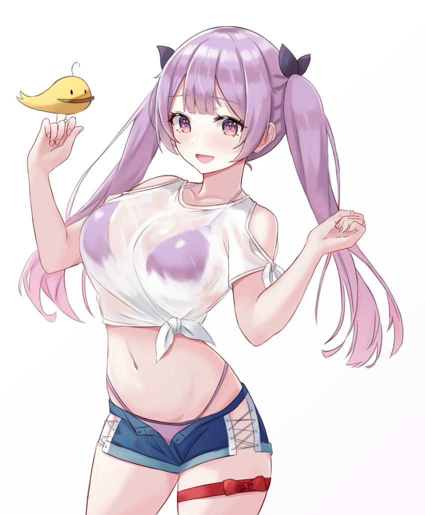 1girl :d absurdres bikini bikini_under_clothes blue_shorts breasts clothing_cutout contrapposto cowboy_shot crop_top denim denim_shorts front-tie_top hair_ribbon halterneck hands_up highleg highleg_bikini highres kano_(wi3028) large_breasts long_hair looking_at_viewer midriff navel open_fly open_mouth original purple_bikini purple_hair ribbon see-through shirt short_shorts shorts shoulder_cutout side_slit sidelocks smile solo standing stomach string_bikini swimsuit thigh_strap thighs twintails violet_eyes white_shirt