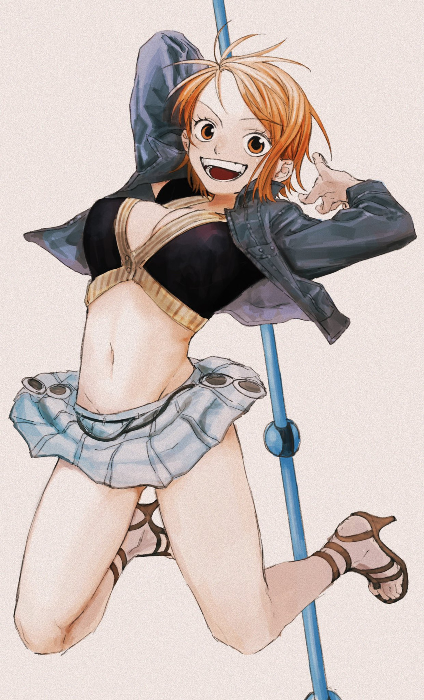 1girl 4myaku1 arm_up bare_legs breasts collared_jacket cropped_vest denim denim_jacket eyebrows_visible_through_hair full_body groin high_heels highres holding holding_staff jacket long_sleeves looking_at_viewer microskirt midair midriff nami_(one_piece) navel one_piece open_clothes open_jacket open_mouth orange_eyes orange_hair short_hair simple_background skirt smile solo staff stomach teeth vest