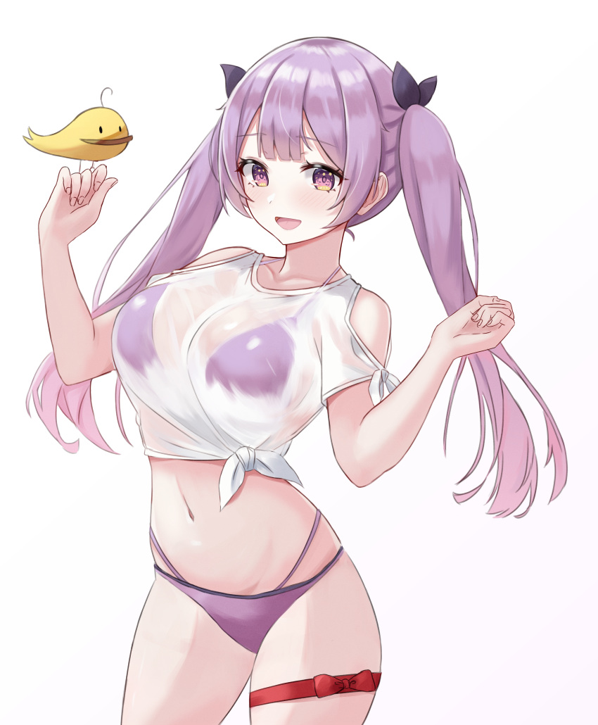1girl :d absurdres bikini bikini_under_clothes breasts clothing_cutout contrapposto cowboy_shot crop_top front-tie_top hair_ribbon halterneck hands_up highleg highleg_bikini highres kano_(wi3028) large_breasts long_hair looking_at_viewer navel no_pants open_mouth original purple_bikini purple_hair ribbon see-through shirt shoulder_cutout sidelocks smile solo standing stomach string_bikini swimsuit thigh_strap thighs twintails violet_eyes white_shirt