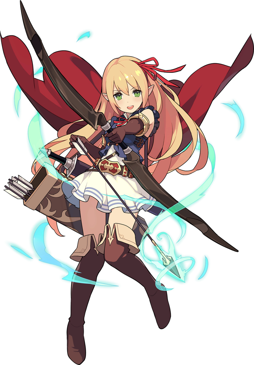 1girl arisa_(shadowverse) arm_up armlet arrow_(projectile) artist_request aura bangs bare_shoulders belt black_gloves blonde_hair blue_shirt blush boots bow_(weapon) breasts brown_footwear cape elbow_gloves eyebrows_visible_through_hair frilled_skirt frills full_body gloves green_eyes hair_ribbon hairband hand_up happy high-waist_skirt highres holding holding_arrow holding_bow_(weapon) holding_weapon knees_together_feet_apart light_blush long_hair looking_at_viewer neck_ribbon non-web_source official_art open_mouth outstretched_arm pointy_ears quiver red_cape red_hairband red_neckwear red_ribbon ribbon shadowverse sheath sheathed shiny shiny_hair shirt sidelocks skin_tight skirt sleeveless sleeveless_shirt small_breasts smile solo sword teeth thigh-highs thigh_boots transparent_background v-shaped_eyebrows weapon white_skirt world_flipper zettai_ryouiki