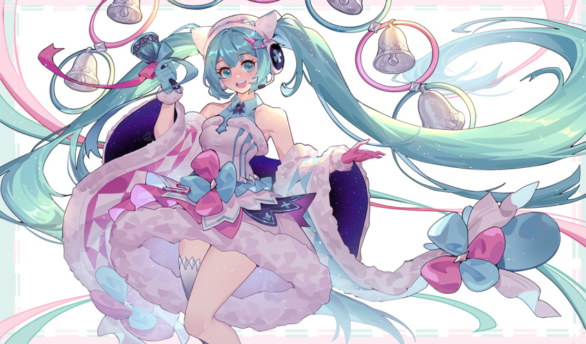 1girl aqua_eyes aqua_hair bare_shoulders bell blue_bow blush bow checkered checkered_clothing collarbone covered_collarbone detached_sleeves dress earmuffs fur-trimmed_dress fur-trimmed_gloves fur-trimmed_sleeves fur_trim gloves hatsune_miku holding holding_bell kan_(rainconan) long_hair microphone off-shoulder_dress off_shoulder open_mouth pink_bow pink_gloves single_thighhigh smile solo teeth thigh-highs tongue twintails upper_teeth very_long_hair vocaloid white_dress white_legwear wide_sleeves