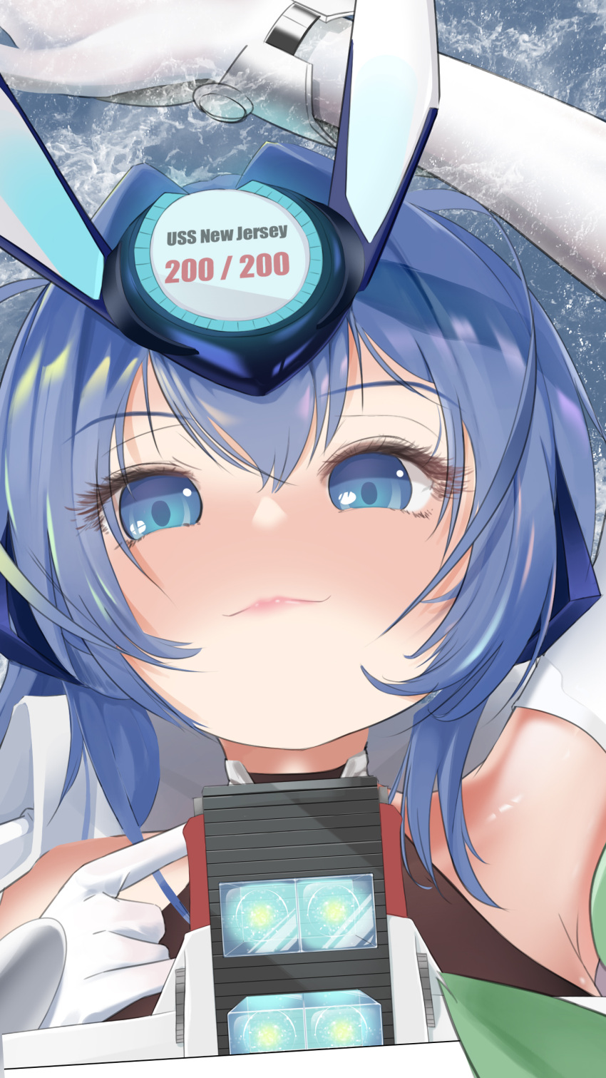 1girl absurdres ayachimikami azur_lane bangs blue_eyes blue_hair closed_mouth conveyor_belt cube eyebrows_visible_through_hair giant giantess gloves headgear heart heart_in_eye highres long_hair mental_cube_(azur_lane) new_jersey_(azur_lane) solo symbol_in_eye upper_body white_gloves