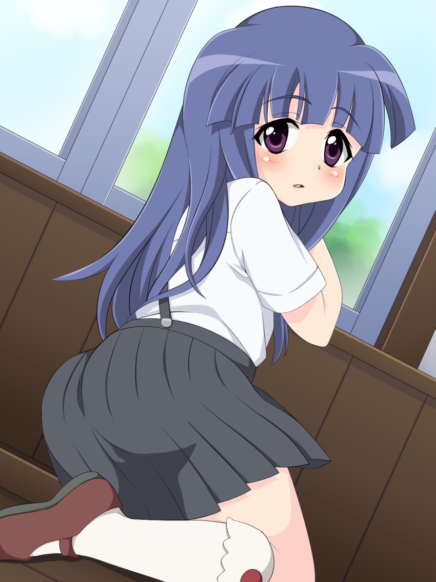 1girl ass black_skirt blue_hair blush brown_footwear from_behind furude_rika highres higurashi_no_naku_koro_ni kneehighs kneeling long_hair looking_at_viewer looking_back plar0846 shirt shoes short_sleeves skirt solo suspender_skirt suspenders violet_eyes white_legwear white_shirt window