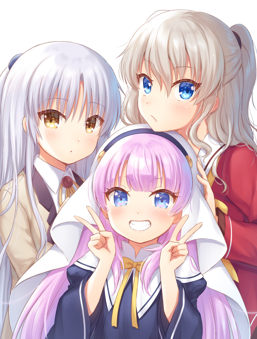 angel_beats! bangs black_dress blazer blue_eyes blush brown_eyes brown_jacket charlotte_(anime) closed_mouth collared_shirt commentary_request company_connection crossover double_v dress eyebrows_visible_through_hair grin habit hair_between_eyes hands_up highres jacket juliet_sleeves kamisama_ni_natta_hi key_(company) long_hair long_sleeves multiple_crossover nakamura_hinato nun pink_hair puffy_sleeves red_shirt sailor_collar satou_hina_(kamisama_ni_natta_hi) school_uniform serafuku shirt silver_hair simple_background smile tachibana_kanade tomori_nao two_side_up upper_body v very_long_hair white_background white_sailor_collar white_shirt wide_sleeves