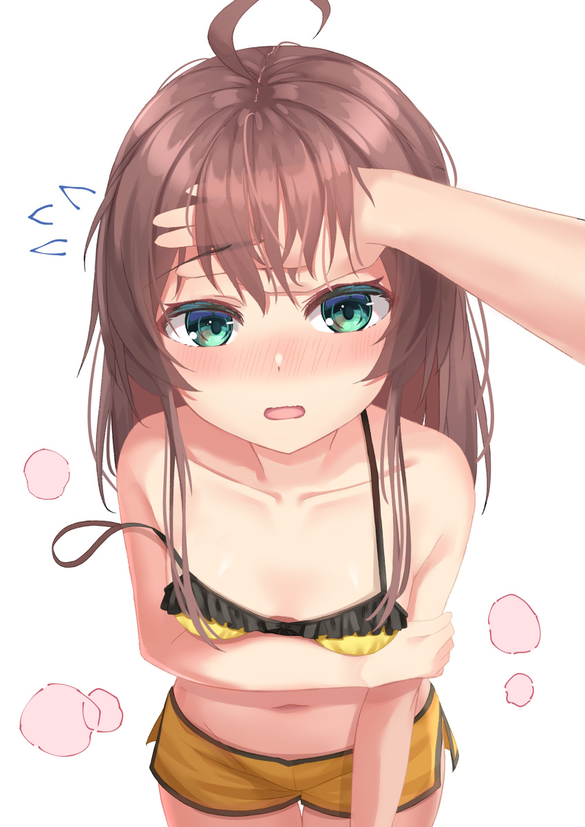 1girl absurdres ahoge bangs bare_shoulders blush bra breasts brown_hair collarbone commentary_request cowboy_shot green_eyes hand_on_another's_head highres hololive long_hair looking_at_viewer natsuiro_matsuri navel open_mouth pov short_shorts shorts small_breasts standing starkamisan stomach strap_slip underwear virtual_youtuber white_background yellow_bra yellow_shorts