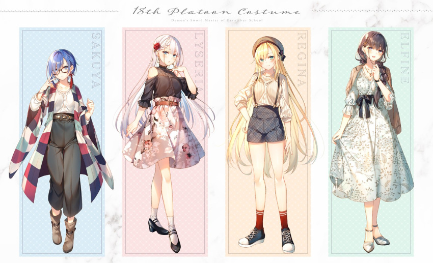 4girls :d ankle_boots bangs belt black-framed_eyewear black_bow black_footwear black_hair black_pants black_shirt blue_background blue_eyes blue_hair blush boots border bow braid brown_belt brown_footwear brown_jacket character_name closed_mouth clothing_cutout commentary_request dress earrings elfine_(seiken_gakuin_no_maken_tsukai) english_text fingernails floral_print flower full_body glasses green_background green_eyes grey_footwear grey_hair grey_headwear grey_shorts hair_flower hair_ornament hand_on_hip hand_up haori hat head_tilt high_heels jacket jacket_on_shoulders japanese_clothes jewelry long_hair long_sleeves looking_at_viewer lyseria_christaria multiple_girls open_mouth pants parted_lips pink_background print_dress red_flower red_legwear red_rose regina_(seiken_gakuin_no_maken_tsukai) ribbed_sweater rose sakuya_(seiken_gakuin_no_maken_tsukai) seiken_gakuin_no_maken_tsukai shirt shoes short_hair shorts shoulder_cutout skirt smile socks standing suspender_shorts suspenders sweater tassel tassel_earrings toosaka_asagi v very_long_hair violet_eyes watch watch white_border white_dress white_legwear white_shirt white_sweater wide_sleeves