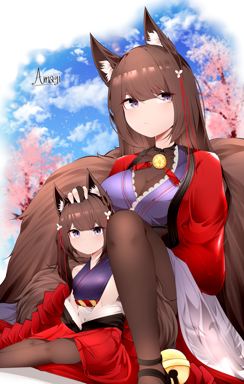 2girls absurdres amagi-chan_(azur_lane) amagi_(azur_lane) animal_ear_fluff animal_ears azur_lane bangs breasts brown_legwear character_name commentary eyebrows_visible_through_hair feet_out_of_frame fox_ears fox_girl hand_on_another's_head headpat highres huge_filesize japanese_clothes kimono large_breasts long_hair looking_at_viewer looking_away multiple_girls off_shoulder pantyhose rope samip shimenawa short_eyebrows sitting thick_eyebrows twintails violet_eyes