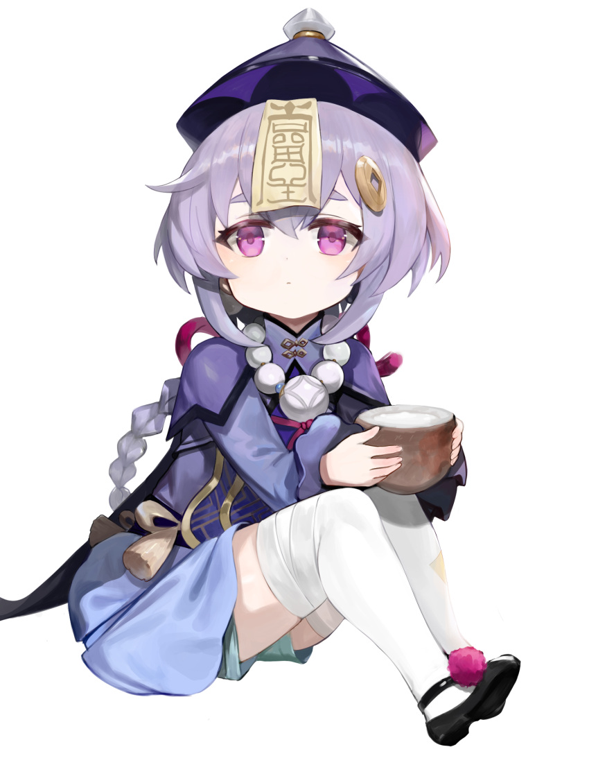 1girl bead_necklace beads braid braided_ponytail chinese_clothes coconut dokomon genshin_impact half-closed_eyes highres jewelry jiangshi long_sleeves milk necklace purple_hair qiqi_(genshin_impact) shorts simple_background sitting solo talisman thigh-highs violet_eyes white_background white_legwear