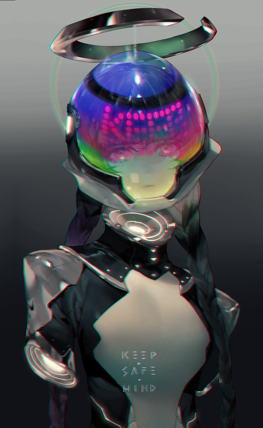 1girl absurdres amputee black_hair closed_mouth disembodied_head double_amputee fishbowl_helmet gradient gradient_background gradient_hair grey_background highres looking_at_viewer mechanical_halo multicolored_hair original pigeon666 purple_hair rainbow_gradient solo twintails upper_body