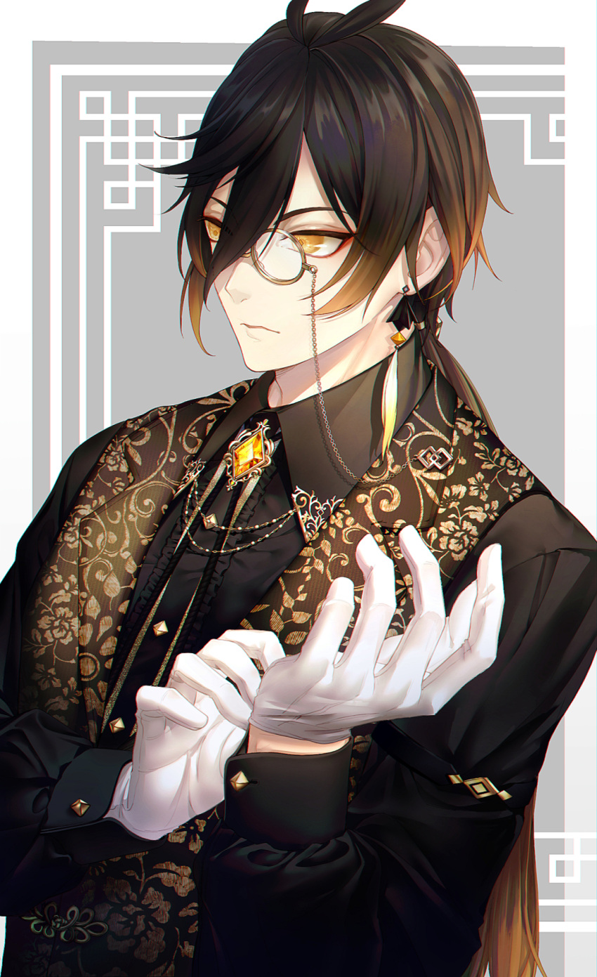 1boy arm_garter bangs brooch brown_hair chain chromatic_aberration collared_shirt diamond-shaped_pupils diamond_(shape) earrings eyeliner formal gem genshin_impact glove_pull gloves gradient_hair grey_background hair_between_eyes highres jewelry kfr2_2 long_hair long_sleeves looking_to_the_side makeup male_focus monocle multicolored_hair open_mouth orange_hair ponytail shirt simple_background single_earring solo symbol-shaped_pupils tassel tassel_earrings vest white_background white_gloves yellow_eyes zhongli_(genshin_impact)