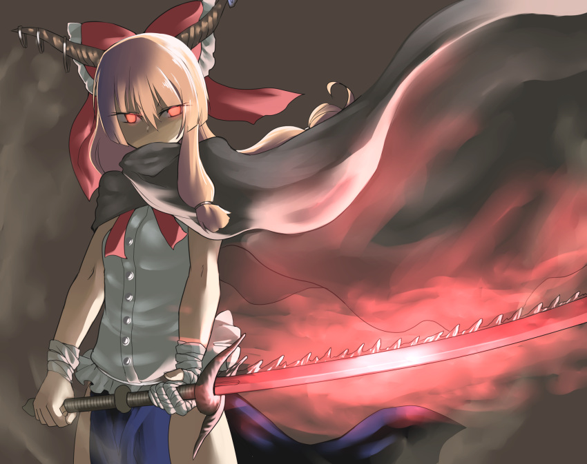 1girl bangs black_cloak blue_skirt bow cloak commentary_request cookie_(touhou) cowboy_shot eyebrows_visible_through_hair eyes_visible_through_hair glowing glowing_eyes glowing_sword glowing_weapon hair_between_eyes hair_bow hand_wraps highres holding holding_sword holding_weapon horns ibuki_suika iiiiiiiiiiiiiii katana long_hair looking_at_viewer orange_hair red_bow red_eyes shirt skirt sleeveless sleeveless_shirt solo sword touhou weapon white_shirt yamin_(cookie)