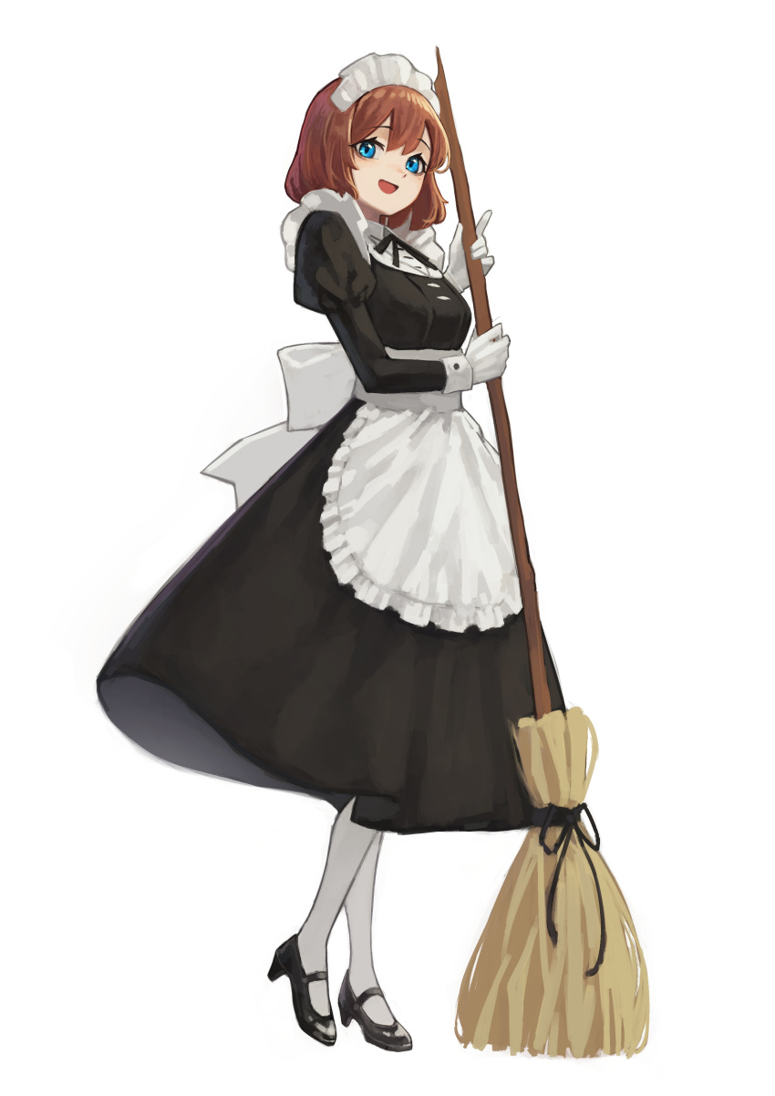 1girl :d absurdres apron bangs black_footwear black_ribbon blue_eyes breasts broom brown_hair full_body gloves highres holding holding_broom juliet_sleeves long_sleeves looking_at_viewer maid maid_headdress medium_breasts medium_hair open_mouth original pantyhose puffy_sleeves ribbon simple_background smile solo standing waist_apron white_background white_gloves white_legwear yoon_cook