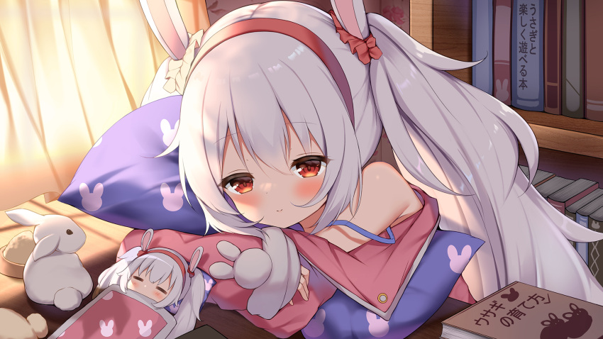 1girl animal_ears azur_lane bangs bare_shoulders blinds blush book bookshelf character_doll closed_eyes closed_mouth clothing_request commentary_request eyebrows_visible_through_hair hairband highres indoors irokari laffey_(azur_lane) long_hair looking_at_another lying pillow pillow_hug rabbit rabbit_ears red_eyes red_hairband room shadow silver_hair smile solo sunlight under_covers window_shade