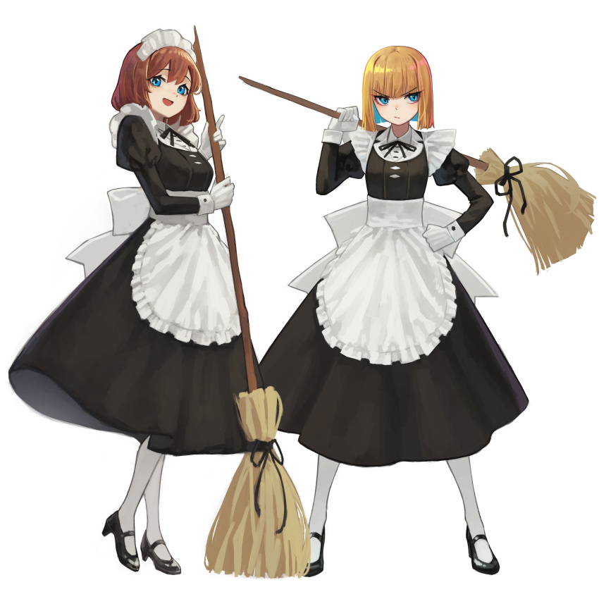 2girls :d absurdres angry apron bangs black_dress black_footwear black_ribbon blonde_hair blue_eyes bob_cut breasts broom brown_hair closed_mouth commentary_request dress eyebrows_visible_through_hair full_body gloves hand_on_hip high_heels highres holding holding_broom juliet_sleeves long_sleeves looking_at_viewer maid maid_apron maid_headdress medium_breasts medium_hair multiple_girls neck_ribbon open_mouth original over_shoulder pantyhose puffy_sleeves ribbon shoes short_hair simple_background smile standing v-shaped_eyebrows waist_apron white_apron white_background white_gloves white_legwear yoon_cook