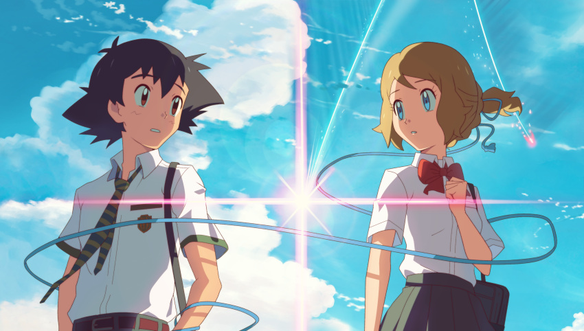 1boy 1girl amourshipping ash_ketchum bag bangs belt black_hair blue_eyes bow bowtie brown_belt brown_eyes collared_shirt commentary_request eyelashes female gazing_eye hair_ribbon highres kimi_no_na_wa. looking_to_the_side male necktie parody parted_lips pokemon pokemon_(anime) pokemon_xy_(anime) ribbon serena_(pokemon) shirt short_hair skirt striped striped_neckwear white_shirt