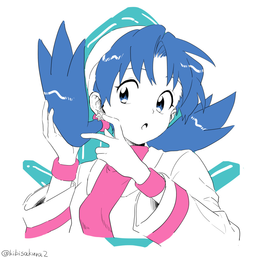 1girl bangs blue_eyes blue_hair breasts commentary_request earrings eyelashes hair_tie hands_up highres jacket jewelry kibisakura2 kris_(pokemon) limited_palette open_clothes open_jacket open_mouth pink_shirt pokemon pokemon_adventures shirt solo tied_hair tongue twintails twitter_username upper_body white_background white_jacket
