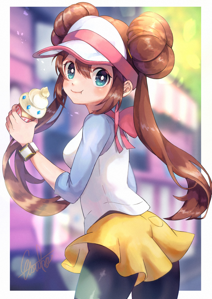 1girl :t absurdres bangs black_legwear blush border bow breasts bright_pupils brown_hair closed_mouth commentary double_bun eating etsuko_pkmn food green_eyes hair_between_eyes hand_up highres holding huge_filesize ice_cream legwear_under_shorts long_hair looking_at_viewer outside_border pantyhose pink_bow pokemon pokemon_(game) pokemon_bw2 raglan_sleeves rosa_(pokemon) shiny shiny_hair shirt short_shorts shorts signature smile solo twintails visor_cap white_border white_pupils yellow_shorts