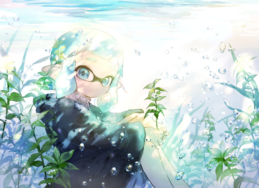 1girl air_bubble aqua_eyes aqua_hair bad_id bad_twitter_id bangs black_coat blunt_bangs bob_cut bubble closed_mouth coat day domino_mask from_side highres holding_plant hood hood_down hooded_coat inkling light_frown looking_at_viewer mask pointy_ears short_hair solo splatoon_(series) submerged sunlight symbol_commentary tentacle_hair underwater water