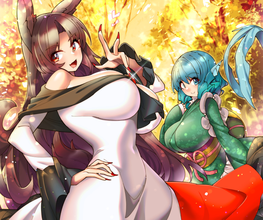 2girls :d animal_ears bangs blue_eyes blue_hair breasts brooch brown_hair closed_mouth dress eyebrows_visible_through_hair forest green_kimono hand_on_hip head_fins heart highres imaizumi_kagerou japanese_clothes jewelry kimono large_breasts long_hair long_sleeves looking_at_viewer looking_to_the_side mermaid monster_girl multiple_girls nature navel open_mouth outdoors red_eyes red_nails sash short_hair smile touhou tree umigarasu_(kitsune1963) upper_body wakasagihime white_dress wide_sleeves wolf_ears