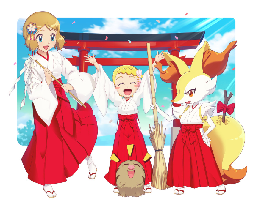 2girls :d absurdres alternate_costume arch blonde_hair blue_eyes bonnie_(pokemon) braixen broom clothed_pokemon clouds commentary confetti day english_commentary eyelashes gazing_eye gen_2_pokemon gen_6_pokemon hair_ornament highres holding holding_broom holding_stick light_brown_hair long_sleeves multiple_girls new_year open_mouth pigeon-toed pleated_skirt pokemon pokemon_(anime) pokemon_(creature) pokemon_xy_(anime) red_skirt sandals serena_(pokemon) short_hair skirt sky smile stick swinub tabi tongue wide_sleeves |d