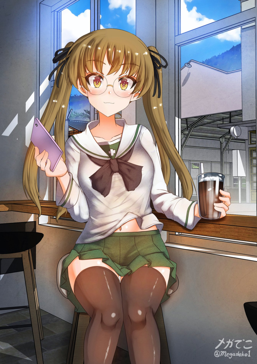 1girl aquaegg black_legwear blonde_hair blush breasts cellphone closed_mouth collarbone cup drink girls_und_panzer glass glasses highres holding holding_cup indoors iphone long_hair looking_at_viewer microskirt navel oono_aya phone shiny shiny_hair shiny_skin sitting skirt small_breasts smartphone smile solo thigh-highs twintails window yellow_eyes