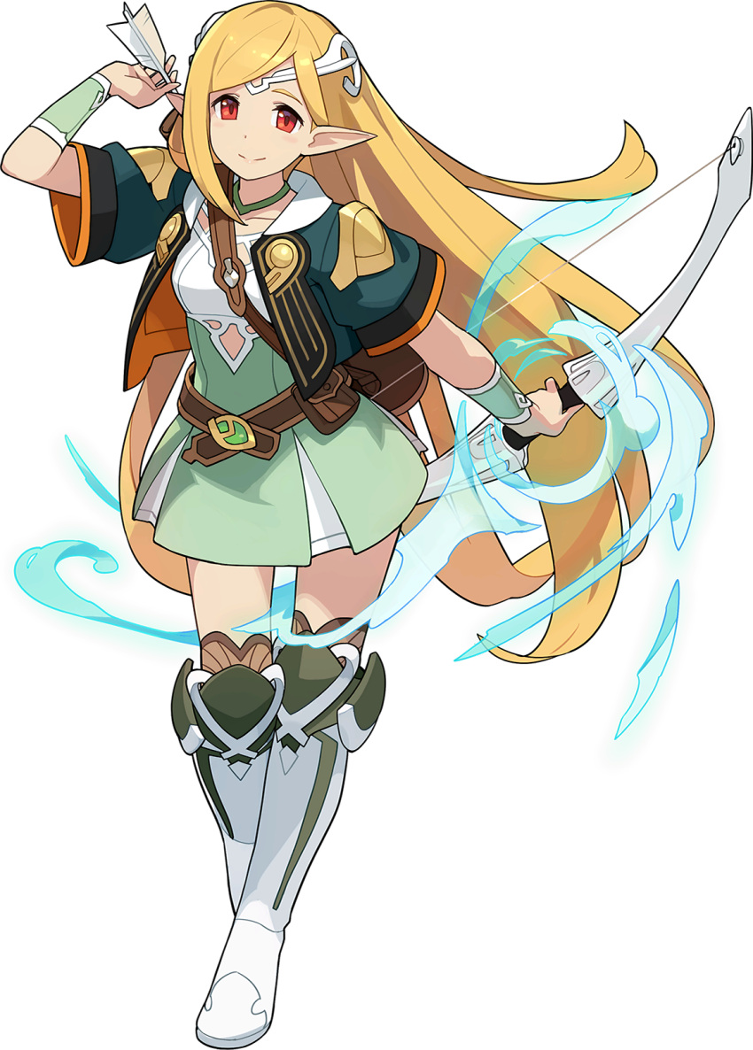 1girl aqua_jacket arm_up arrow_(projectile) artist_request aura bangs belt blonde_hair blush boots bow_(weapon) breasts brown_legwear choker closed_mouth cropped_jacket full_body green_choker green_skirt happy high-waist_skirt highres holding holding_arrow holding_bow_(weapon) holding_weapon jacket knee_boots light_blush long_hair looking_at_viewer mercel_(world_flipper) miniskirt non-web_source official_art open_clothes open_jacket outstretched_arm pointy_ears pouch quiver red_eyes shirt short_sleeves sidelocks skirt sleeveless sleeveless_shirt small_breasts smile solo standing sweatband thigh-highs tiara transparent_background very_long_hair weapon white_footwear white_headwear white_shirt wide_sleeves world_flipper zettai_ryouiki