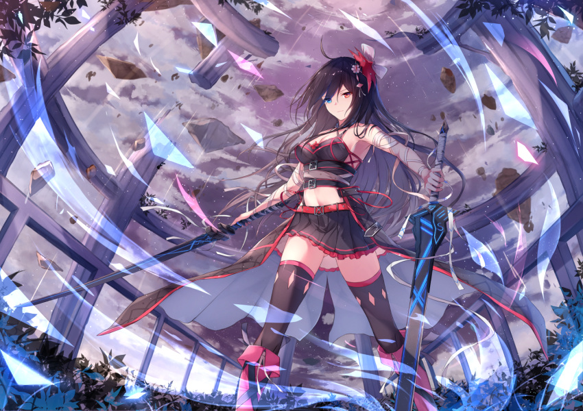 belt black_hair blue_eyes clouds floating_rock fuuro_(johnsonwade) heterochromia original plant red_eyes shoes skirt sword thigh-highs weapon