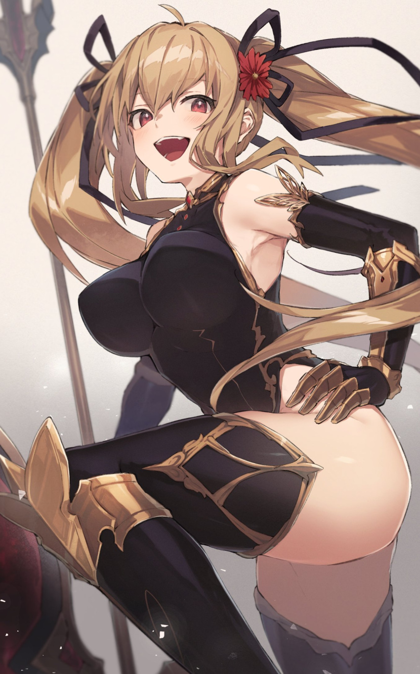 1girl armpits blonde_hair breasts commission detached_sleeves elbow_gloves enomoto_hina flower gauntlets gloves hair_flower hair_ornament hair_ribbon highres holding holding_weapon large_breasts leotard long_hair original polearm ribbon sidelocks skeb_commission thigh-highs trident twintails weapon