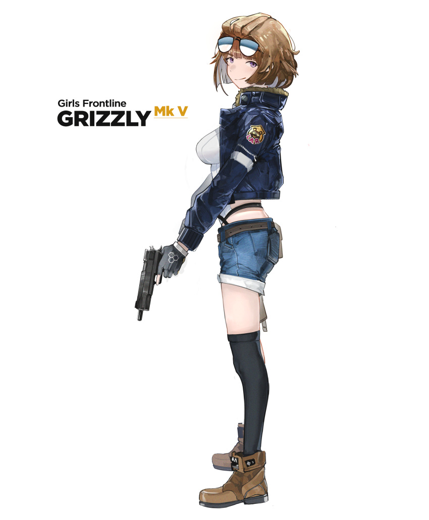 1girl absurdres boots breasts brown_hair character_name commentary copyright_name denim denim_shorts english_commentary eyewear_on_head fingerless_gloves from_side full_body fur_collar girls_frontline gloves grizzly_mkv grizzly_mkv_(girls_frontline) gun handgun highres holding holding_gun holding_weapon jacket large_breasts looking_at_viewer open_clothes open_jacket shirt short_hair shorts smile solo sunglasses swimnemo thigh-highs trigger_discipline violet_eyes weapon white_background white_shirt