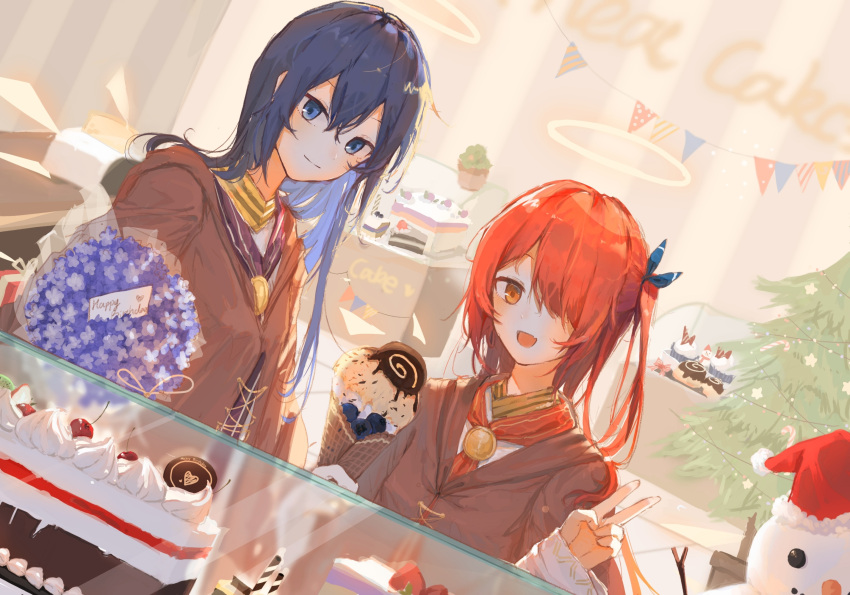 2girls alternate_costume alternate_hair_length alternate_hairstyle arknights blue_eyes blue_hair brown_jacket cake christmas_tree dessert dutch_angle food hair_over_one_eye hair_ribbon halo happy_birthday hat highres holding holding_food ice_cream ice_cream_cone indoors jacket long_hair looking_at_viewer multiple_girls red_eyes red_neckwear redhead ribbon santa_hat shirt smile snowman tangfenjingbeiduizhang upper_body v waffle_cone white_shirt