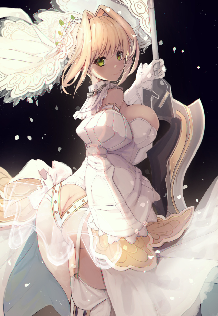 1girl aestus_estus ahoge ass back bangs bare_shoulders blonde_hair blush breasts chain detached_collar detached_sleeves elbow_gloves fate/extra fate/extra_ccc fate/grand_order fate_(series) flower_wreath garter_straps gloves green_eyes hair_between_eyes hair_intakes head_wreath highleg highleg_leotard highres large_breasts leotard lock long_hair looking_at_viewer nero_claudius_(bride)_(fate) nero_claudius_(fate)_(all) padlock petals puffy_sleeves solo sword thigh-highs thighs untue veil weapon white_gloves white_legwear white_leotard wide_sleeves