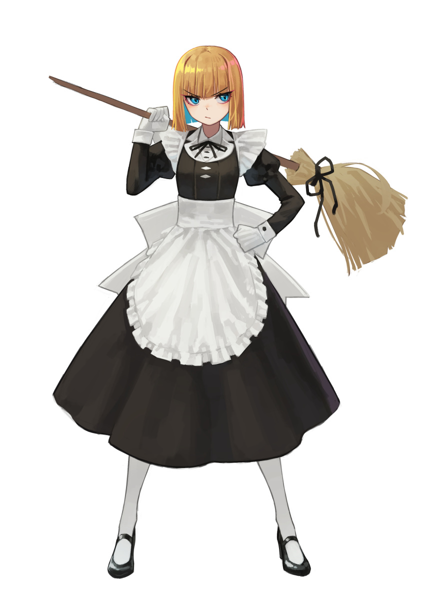 1girl absurdres angry apron bangs black_dress black_ribbon blonde_hair blue_eyes bob_cut broom closed_mouth dress eyebrows_visible_through_hair full_body gloves hand_on_hip high_heels highres juliet_sleeves long_sleeves maid maid_apron neck_ribbon original over_shoulder pantyhose puffy_sleeves ribbon shoes short_hair simple_background solo v-shaped_eyebrows waist_apron white_apron white_background white_gloves white_legwear yoon_cook
