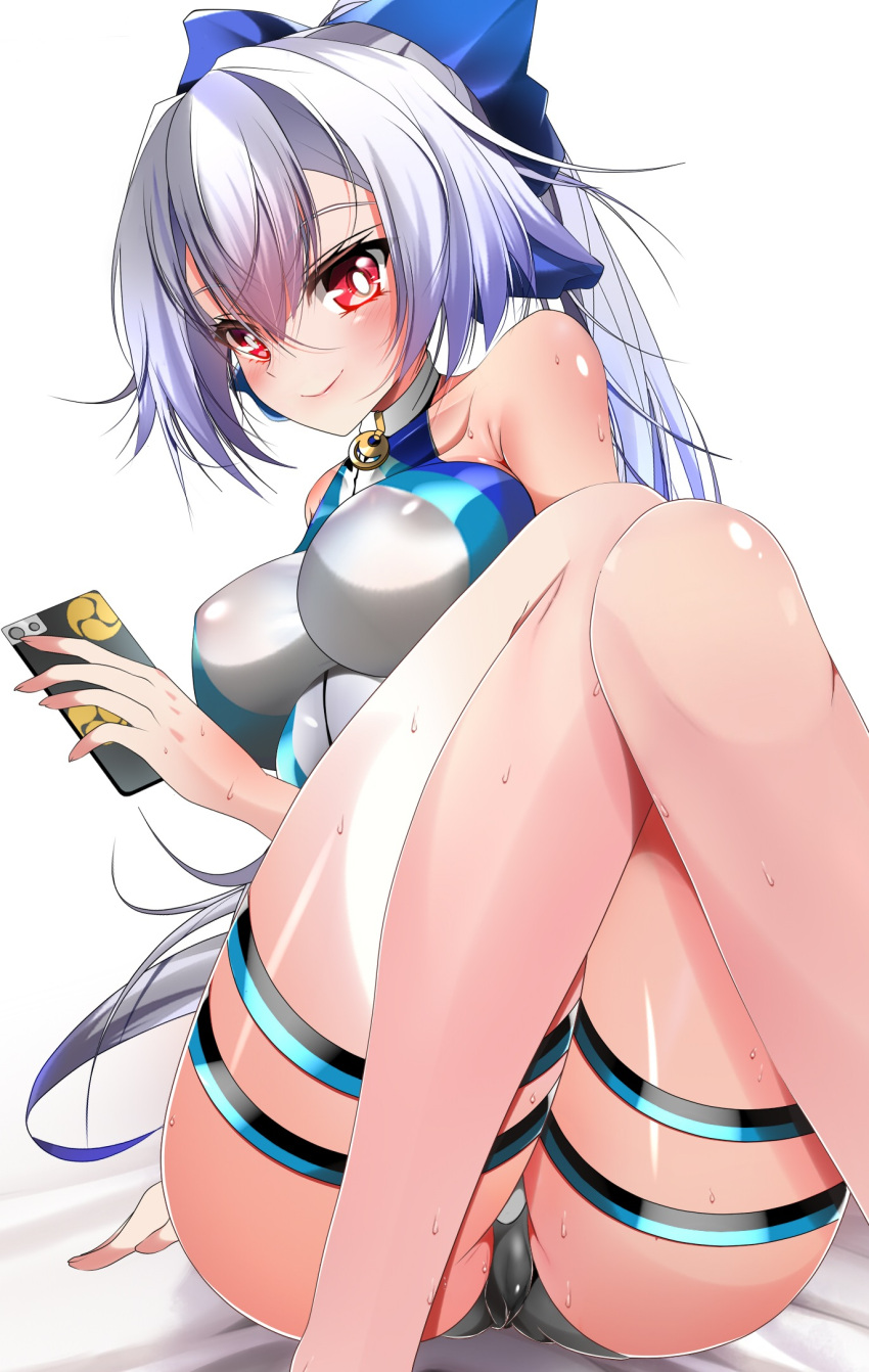 1girl ass bangs bare_shoulders blue_bow blue_swimsuit bow breasts cellphone fate/grand_order fate_(series) hair_between_eyes hair_bow highleg highleg_swimsuit highres knees_up large_breasts long_hair looking_at_viewer one-piece_swimsuit phone ponytail red_eyes silver_hair sitting smile solo swimsuit thigh_strap thighs tomoe_gozen_(fate) tomoe_gozen_(swimsuit_saber)_(fate) two-tone_swimsuit wet white_swimsuit yahoo0124